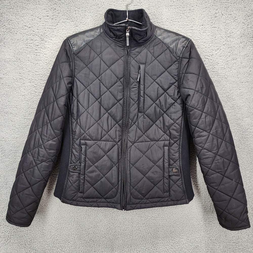 Lauren Ralph Lauren Black Quilted Jacket Leather Trim Equestrian Women Size M